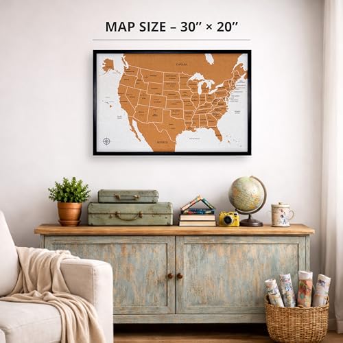 USA Travel Map with Pins – Large 30" x 20" United States Cork Board Wall Map with Wood Frame, Decorative Push Pin Map with 51 State Flag Pins, Metallic & Colored Pins – Track Travels – Gift for Travelers, Couples & Families
