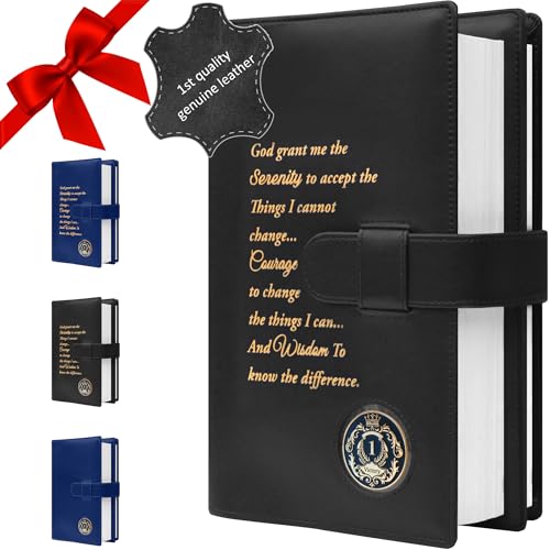 GALILEO® Genuine Leather Double AA Big Book Cover & 12 Steps & 12 Traditions | Medallion Holder | Perfect Gift | Alcoholics Anonymous (Genuine Leather, Black/Serenity Prayer)