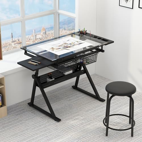 ZAVEROX Black Adjustable Tempered Glass Drafting Table with Chair, Steel Base, 0-75° Tilt Angle, for Art Design and Craft Work