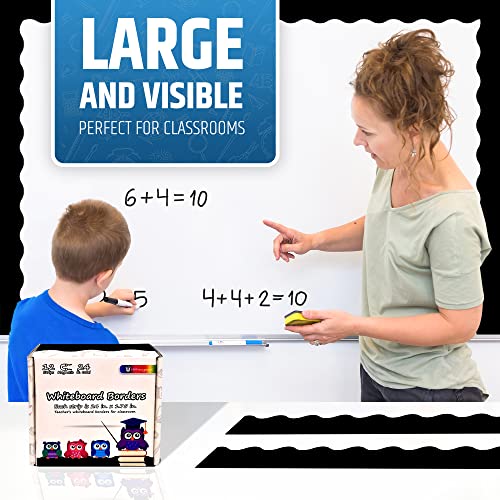 Strong & Wide Magnetic Borders for Classroom Whiteboard - Visible Magnetic Strips for Teachers (4 Designs Available) | Wavy Plain - Black | 12 Strips of 24X1.75 Inch - 24 Feet Total