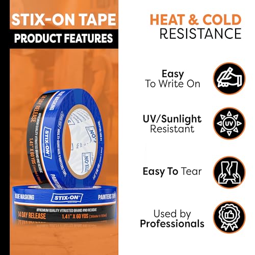 STIX-ON Painters Tape 1.5 inch Wide, 24 Roll Painting Tape, Blue Masking Tape for Painting Walls, DIY, Surface-Safe & Residue-Free, Edge Paint, 1.41 Inch X 60 Yards X 24 Rolls, Bulk