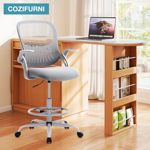 COZIFURNI Drafting Chair Tall Office Chair for Standing Desk Counter Height Adjustable, Egronomic Lumbar Support with Flip Up Armrest, Footrest, Rolling, Grey, 1pc