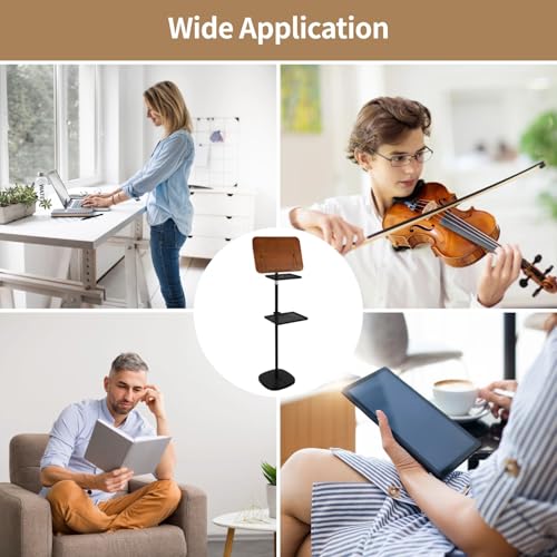 Floor Book Stand with 2 Removable Trays, Adjustable Height Wood Reading Stand for Bed or Sofa, Music Stand Book Holder for Music Sheet, Tilt and Rotate Laptop Holder, Portable Podium Stand