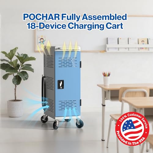 POCHAR Fully Assembled 18-Device Mobile Charging Cart for Chromebooks, Gray