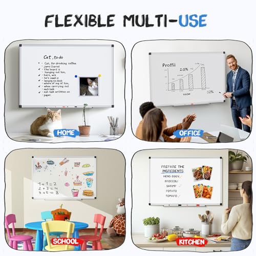 DUMOS Magnetic White Board Kit for Wall 36" x 24", Dry Erase Board with 1 Dry Eraser & 2 Multicolor Markers & 4 Magnetic Pins, Reinforced Aluminum Frame for Home, School, Office