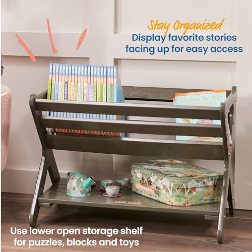 ECR4Kids Wooden Book Caddy with Storage Shelf and Handles, Grey Wash