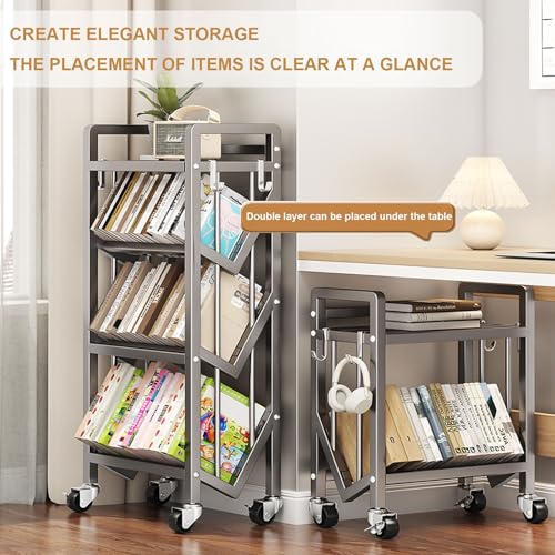 Book Carts with Wheels, Library Rolling Book Cart 2/3/4/5 Tier Movable Bookshelf Mobile Large Capacity L-Shaped Carbon Steel Organizer Rack for Office, Home, Classroom(White,2 Tiers-19.7x9.8x20.9in)