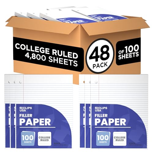 Loose Leaf Paper College Ruled Notebook Paper College Ruled Lined Writing Filler Paper 10.5” x 8” 4800 Sheets 100 Sheets Per Pack 60 gsm (48 Pack)