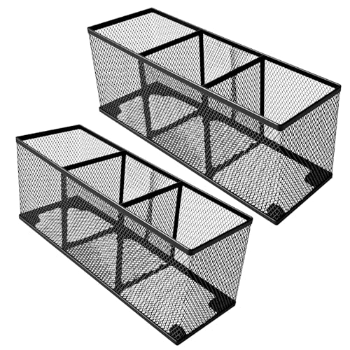 WenkeDigi 2-Pack Metal Mesh Pencil Holder, Spacious 3-Compartment Desk Organizer for Pens, Makeup Brushes, Utensils, Desktop Storage for Home, Office, School, Kitchen, 10.43x3.35x4.04 Inch, Black