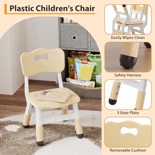 BouPower 2-Pack Adjustable Kids Chairs, 3-Level Height Plastic Toddler Chair with Non-Slip Base & Stackable Design, for Home School Classroom Daycare Indoor Outdoor Use, Ages 2-8, Natural
