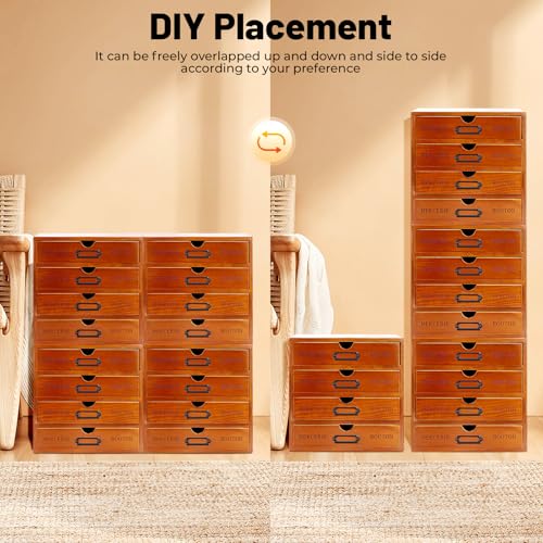 Vintage 16-Drawer Wooden Desk Organizer, 4Pcs 4-Slot Filing Cabinet, Stackable Craft Storage Drawers, Rustic Tool Box, Multilevel Apothecary Cabinet, Ideal Home Office Organizers and Accessories