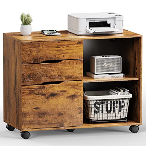 UOCFYK File Cabinet with 3 Drawers, Mobile Lateral Filing Cabinet with Open Storage Shelves for Home Office Under Desk Storage, Brown