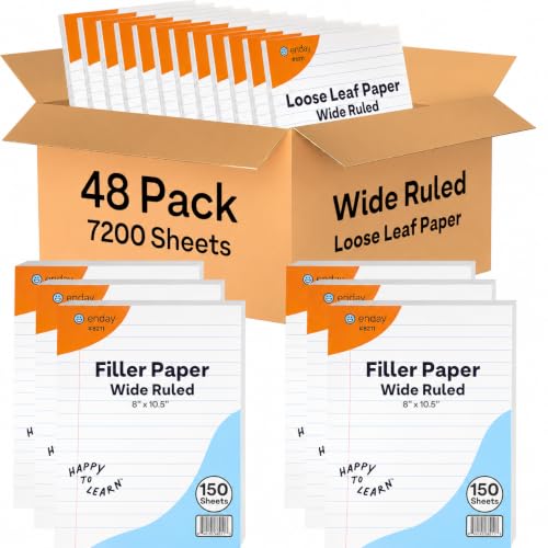 Loose Leaf Paper Bulk, 7200 Sheets, Wide Ruled, (48 Pack) 150 Sheets Per Pack, 8" x 10.5" White Filler Paper, 3 Hole Punched Binder Paper for 3 Ring Binders, Notebook Paper - By Enday