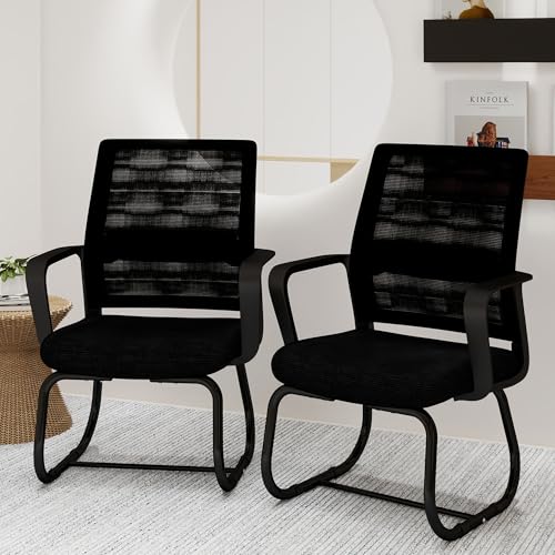 HRVEOCEI Black Office Waiting Groom Chairs Set of 2, Stationary Office Guest Chairs with Arms & Sled Base, Doctor's Reception Chair & Lobby Chair No Wheels for Breakroom, Meeting Conference (Black)