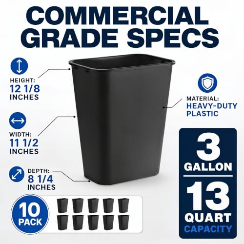 SunSierra 10 Pack, Recycle Wastebasket, 13 Qt. / 3 Gallon Rectangular Wastebasket/Trash Can Kit - Space Saving Recycling Bin, Narrow Spaces in Commercial, Kitchen, Home, Office, and Dorm - Black