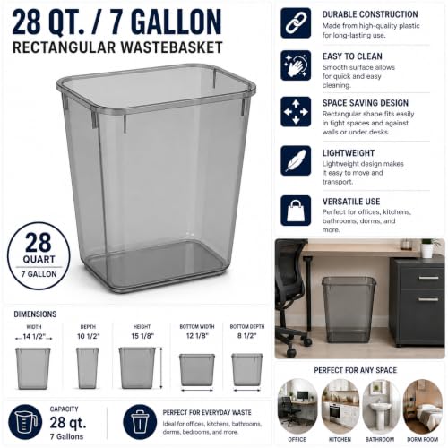 PRO&Family 7 Pack! 28 Qt. / 7 Gallon Black Rectangular Wastebasket/Little Trash Can Bathroom Trash Can Plastic Small Wastebasket Garbage Bin Small Plastic Trash Can for Office, Home, Restaurant