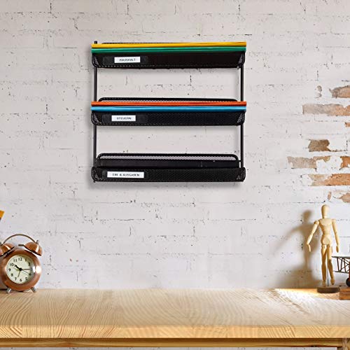 4 x Letter Tray, Metal with 3 Compartments, with Labels, A4, for Office & Study, for Wall, 32x33x25 cm, Black