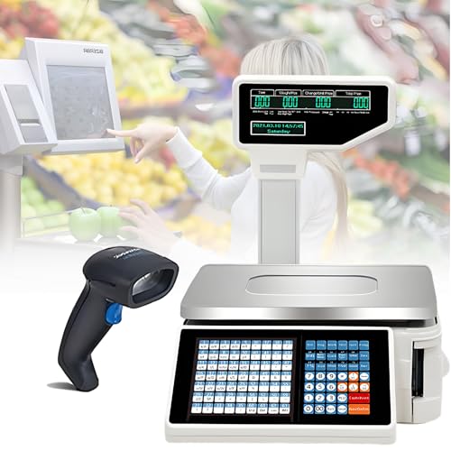 Ofyphth Digital Price Label Printing Scale, 30kg/66lbs Double Sided LCD Display, Computing Scale Thermal Printer Electronics Barcode Scale Cash Register, for Retail Store, Supermarket. PackageB
