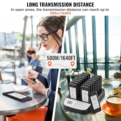VEVOR Restaurant Pager System, Wireless 500m Long Range Lineup Waiting Queue Signal, Guest Customer Calling Beepers with Vibration & Flashing, 16 Buzzers for Food Truck, Church, Nursery, Hospital