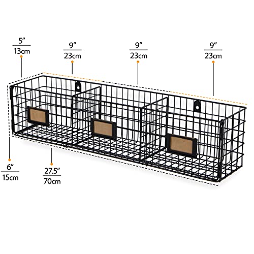 Wall35 Amalfi Hanging File Folders Office Desk Organizer Wall Mount Wire Basket Storage Magazine Holder 3 Sectional Set of 2 Black