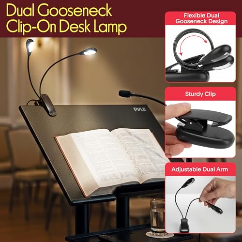 Pyle Lectern Podium Stand | Adjustable Height Top Shelf, Bottom Shelf w/Smooth Rubber Wheels & Metal Brakes | Mobile Standing Desk w/LED Light for Classrooms & Presentations | Portable Rolling Table