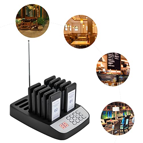 Restaurant Pager System, Wireless Guest Customer Service Calling System, 10 Pagers and 16 Charging Slots, Display Screen, Buzzer, Vibration and Flashing Modes, for Restaurant, Snack Bars