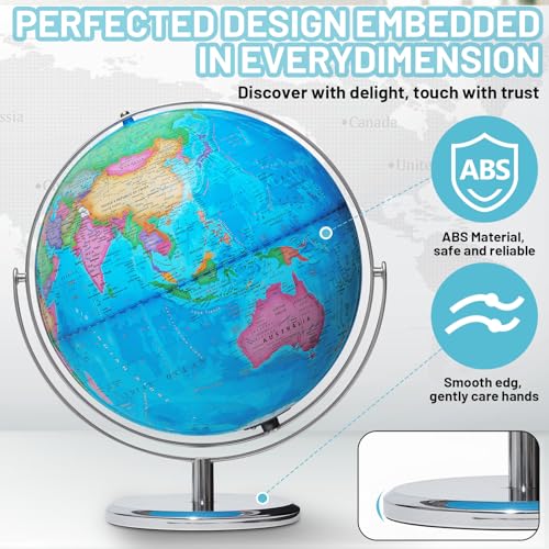 BSHAPPLUS 13inch World Globe with Metal Stand, 720° Full-View Rotation