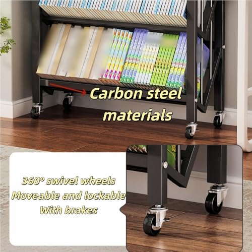 LFSBTI 4-Tier Bookshelf Movable, Large-Capacity Rolling Book Cart Suitable for Storing Books, Magazines, Multi-Functional Storage Trolley for Office, Living Room(Black,Small)