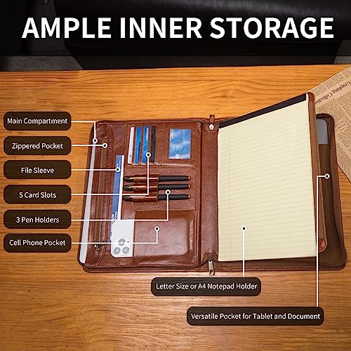 Geslun Personalized Leather Zippered Portfolio with Handle and Front Pocket
