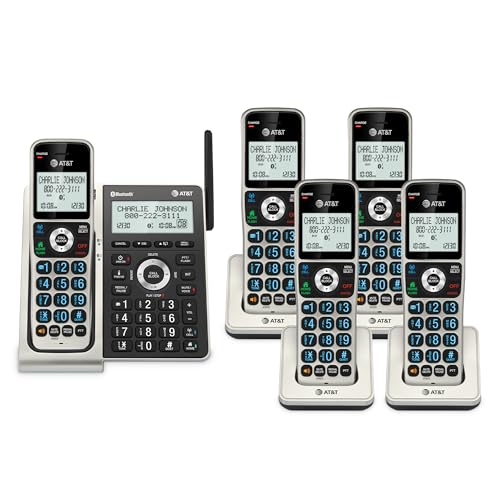 AT&T BL3107-5 DECT 6.0 5-Handset Cordless Phone with Bluetooth Connect to Cell, Smart Call Blocker, Digital Answering System, Extended Range, Big Buttons - Titanium Black