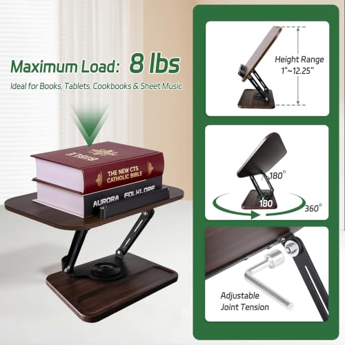 Siyoriot Book Stand for Desk, 360° Rotating Cookbook Holder for Hands-Free Reading Recipe Book Holder with Page Clips, Adjustable Height for Textbooks, Comics, Sheet Music
