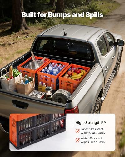 VEVOR Plastic Collapsible Storage Bins, 45L 6 Packs, Stackable Folding Storage Crates with Handles, Holds 33 lbs Per Bin, Foldable Heavy Duty Containers, Space-Saving Baskets, for Home Organizing