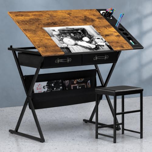 Magicdo Art Desk with Stool and Storage 40.2-Inch Adjustable Drafting Table 0–65° Tilting Wood Top 2 Fabric Drawers Lower Shelf and Side Organizer for Drawing Painting and Crafts Rustic Brown