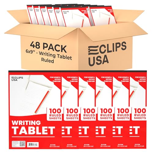 E-CLIPS USA Notepads, Ruled Writing Tablet, Note Pads 6 x 9, Small Notepads, Memo Pad, White, Chipboard Back, Writing Pad, Office Supplies, 100 Sheets Per Pad (48 Pack)