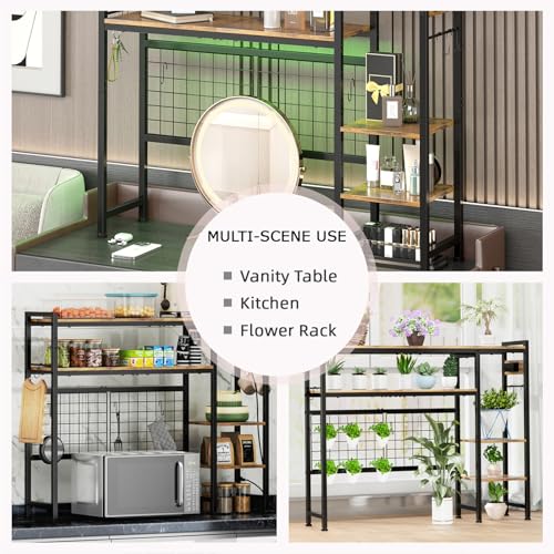 STEHEMO Desk Shelf for Top of Desk, 41.3" Desktop Organizer Shelf with Grid Panel & LED Lights, Desk Hutch for Computer Monitor, Wood Desktop Bookshelf for Home Office Dorm, with Power Outlets
