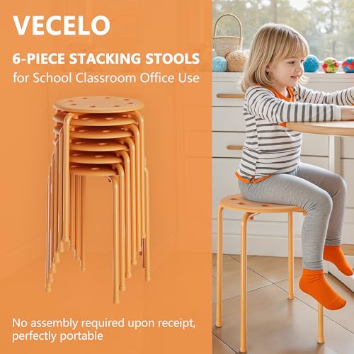 VECELO 6-Piece Stacking Stools, 17.7 Inch Standard Height, Portable Stackable Colorful Decoration Stools for School Classroom and Office Use, Orange