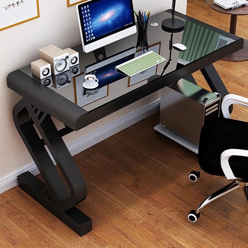 Modern Office Desk with Glass Top & Z-Shaped Metal Frame, Tempered Glass Computer Desk, Sturdy Writing Desk Table Study Desk, Gaming Desk Computer Desk for Home Office Workstation(Black+black,80*60*75