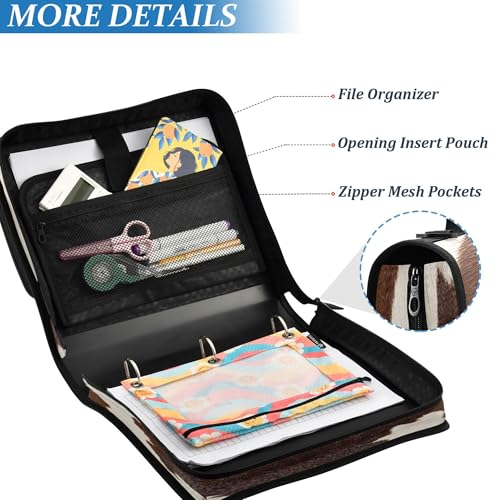 FJDENG Cow Print Waterproof 13" Binder Bag Organizer with Expandable Storage,3-Ring Zipper Binder with Shoulder Strap for School & Office