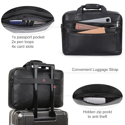Masa Kawa Black Leather 16 Inch Laptop Briefcase Bag for Men