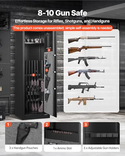 VEVOR 8-10 Gun Safe, Long Gun Cabinet for Rifles and Pistols, Quick Access Rifle Safe with 3 Pistol Pockets and Adjustable Racks, Digital Cabinet with Fingerprint and Password Lock(Assembly Required)