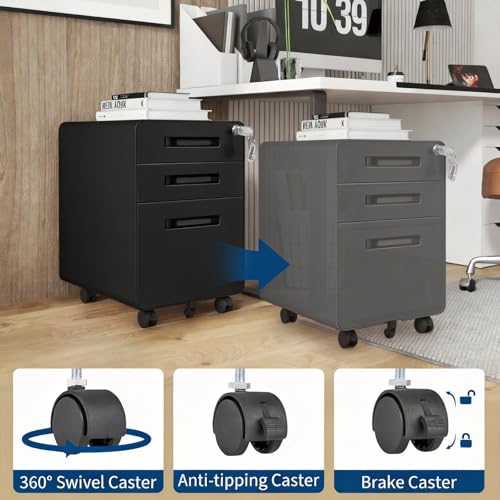 TrailBlaze 3-Drawer Mobile Metal File Cabinet with Lock, Fully Assembled