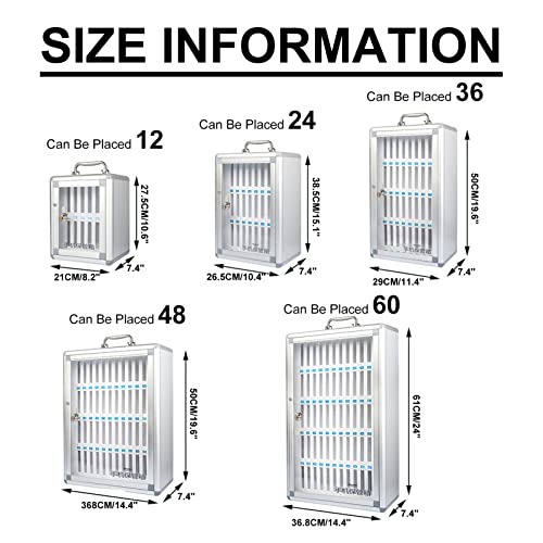 12/24/36/48/60 Slots Cell Phone Cabinet Silver Aluminum Alloy Pocket Chart Storage Locker Box w/Portable Handle, Key Lock & Handwritten Tags, Wall Mounted For Classroom, Office ( Size : 48 , Color : S