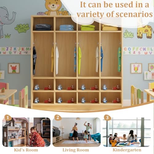 LHIUGE 3-Section Classroom Coat Locker,Kids Cubby Storage Organizer with 9 Cubbies,Wooden Lockers with 6 Hooks,Classroom Cubbies for Home, Office, School, Kindergarten
