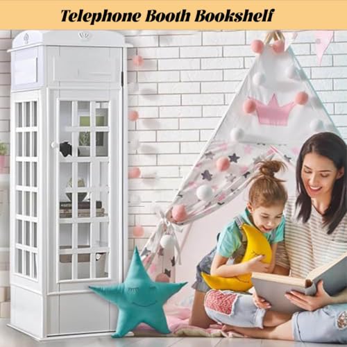 LJLYYDS Wooden Telephone Standing Bookshelf Vintage,5-Tier Floor Standing Telephone Booth Bookshelf with Acrylic Door,Living Room Storage Display Bookshelf,for bookstores, Living Rooms White