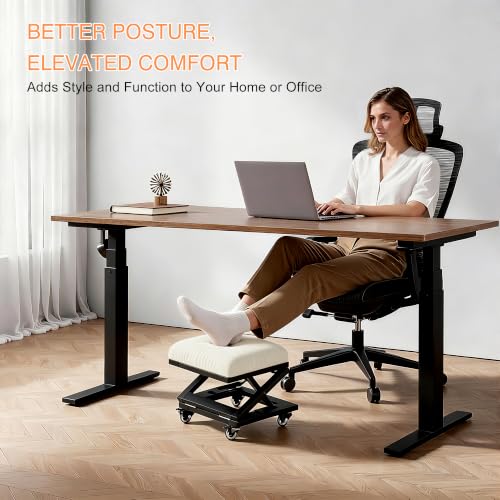 VECELO Foot Rest Under Desk at Work, Height Adjustable Rolling Foot Stool Set of 2 with Wheels, Cushioned Seat for Living Room, Bedroom, Home Office, Beige