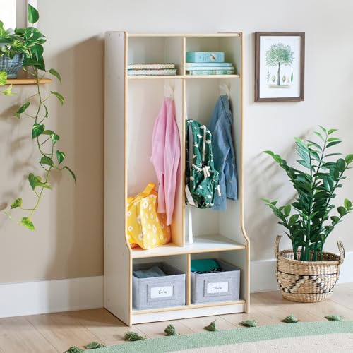 Guidecraft EdQ 2-Section Wooden Storage Locker with Bench Seat for Classroom, Kids White Cubby Organizer with Shelves and Hooks for Coats, Divided Playroom Storage with Bins