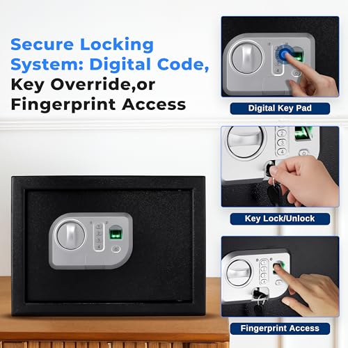 Serenelife Heavy Duty Fireproof Electronic Fingerprint Safe Box | Electronic Lock with Mechanical Override, Digital Touch Button Control Pad | Includes 2 Keys for Unlocking | 9.8D x 13.8W x 9.8H