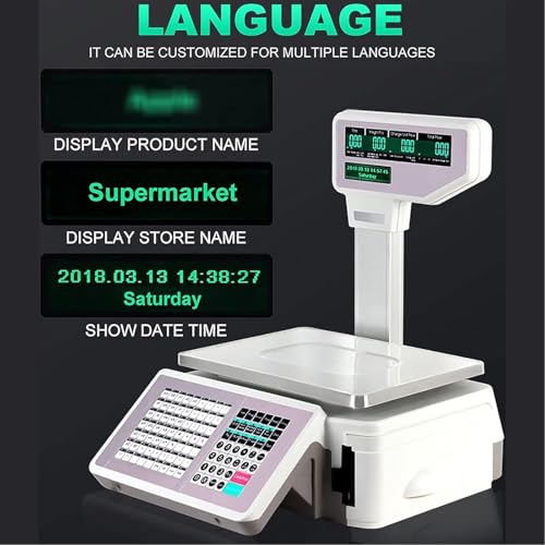 USZWBY Electronics Label Printing Scale,Commercial Digital Weighting Price Printer Scale,30Kg/66.14 Lbs Capacity,Cash Register,LCD Display,for Supermarket/Reta