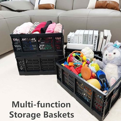KINGSUSLAY 4-Pack Plastic Storage Crates,20L Foldable Baskets,Collapsible Crates, Storage Baskets and Bins for Toys, Home Storage, Office Products, Gifts(Black)