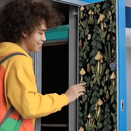 2 Pcs Locker Magnetic Wallpaper Mushroom Boho Black Mushrooms Pine Trees Fern Leaves Cones Wildflowers 12" x 36" Wall Magnetic Sticker Removable Locker Accessories Decor Easy Install for Office School